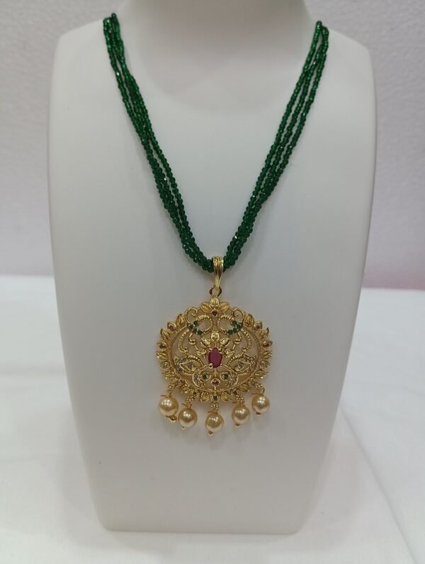 Ruby Pearls Rhine Stone Studded Gold Plated 3 Strand Green Crystal Beaded Short Necklace