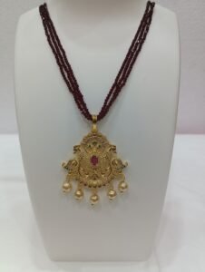 Ruby Pearls Rhine Stone Studded Gold Plated 3 Strand Maroon Crystal Beaded Short Necklace