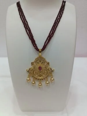 Ruby Pearls Rhine Stone Studded Gold Plated 3 Strand Maroon Green Black Crystal Beaded Short Necklace