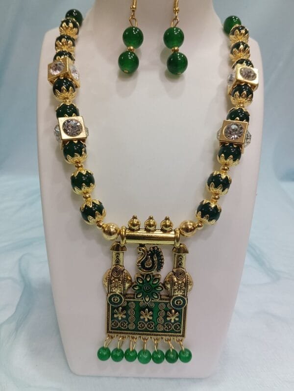 Designer Gold Plated Stone Studded Enamel Polki Beads Necklace Earrings Jewellery Set