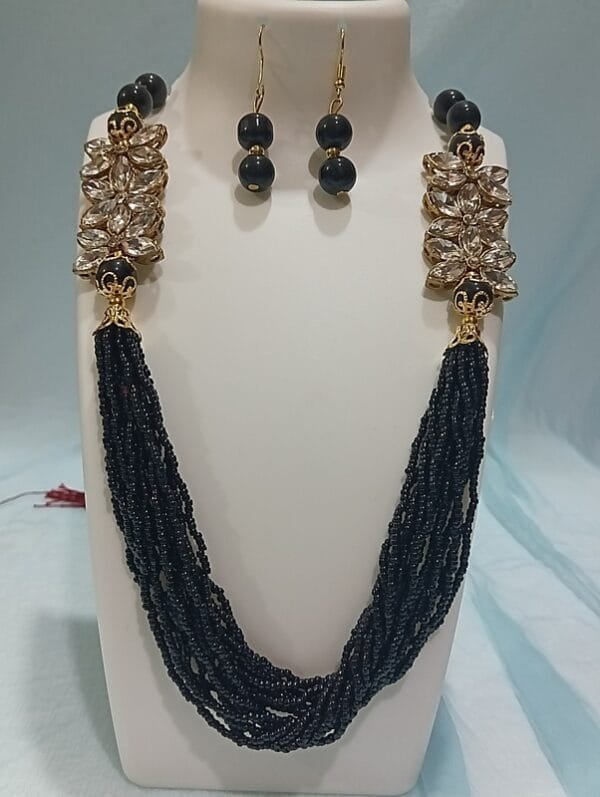 Designer Gold Plated Seed Beads Polki Necklace Earrings Jewelry Set Black