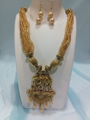 Designer Gold Plated Seed Beads Polki Necklace Earrings Jewelry Set Golden