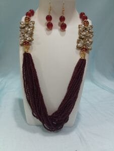 Designer Gold Plated Seed Beads Polki Necklace Earrings Jewelry Set Maroon