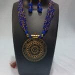 Designer Gold Plated Seed Beads Polki Necklace Earrings Jewelry Set Blue and Golden