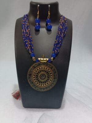 Designer Gold Plated Seed Beads Polki Necklace Earrings Jewelry Set Blue and Golden