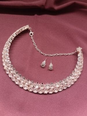 Platinum Plated Zircon Stone Studded Necklace Earrings Set Choker