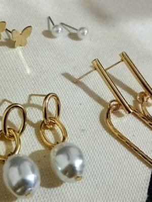 Set of 4 Gold Plated Classy Charm Earrings and Studs Pearls and Butterfly