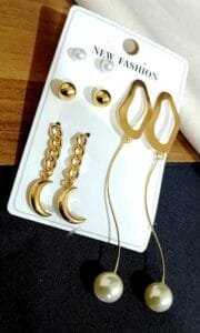 Set of 4 Gold Plated Classy Charm Earrings and Studs Pearls and Moon