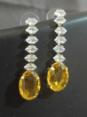 Rhodium Plated AD Studded Citrine Earrings for Women and Girls