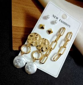 Gold Plated Pearls Chain Earrings for Women and Girls Set of 4