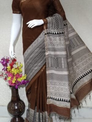 Beautifully Crafted Kota Silk Saree With Semi Digital Print ethically made Brown color