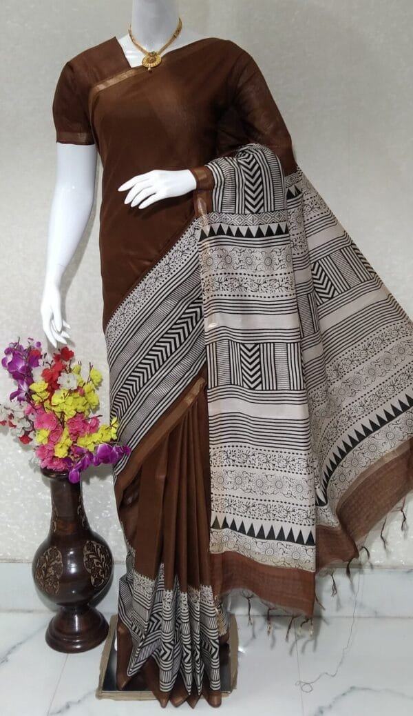 Beautifully Crafted Kota Silk Saree With Semi Digital Print ethically made Brown color