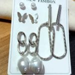 Silver Plated Pearls Chain Earrings for Women and Girls Set of 4