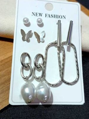 Silver Plated Pearls Chain Earrings for Women and Girls Set of 4