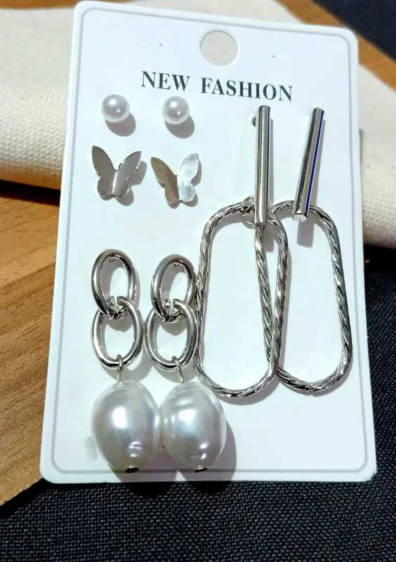 Silver Plated Pearls Chain Earrings for Women and Girls Set of 4