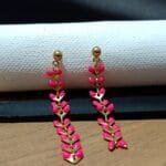 Gold Plated Dark Pink Color Enamel Designer Long Earrings