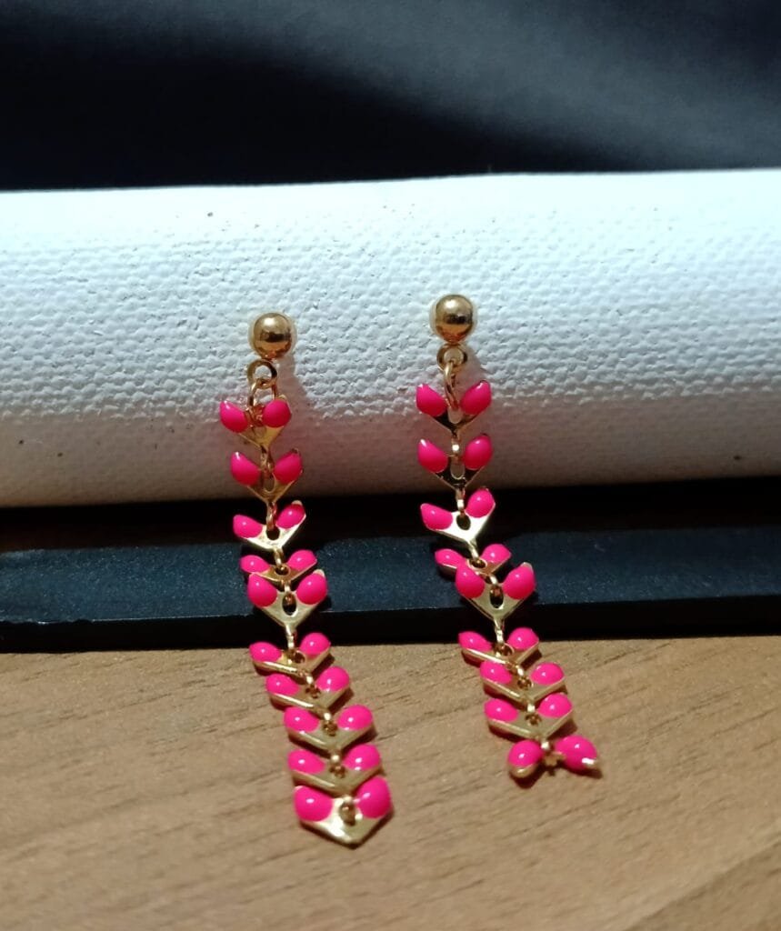 Gold Plated Dark Pink Color Enamel Designer Long Earrings